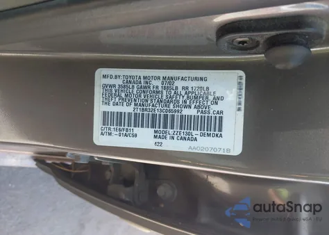 2003 Toyota Corolla Ce z USA, uszkodzony, nr VIN 2T1BR32E13C065992